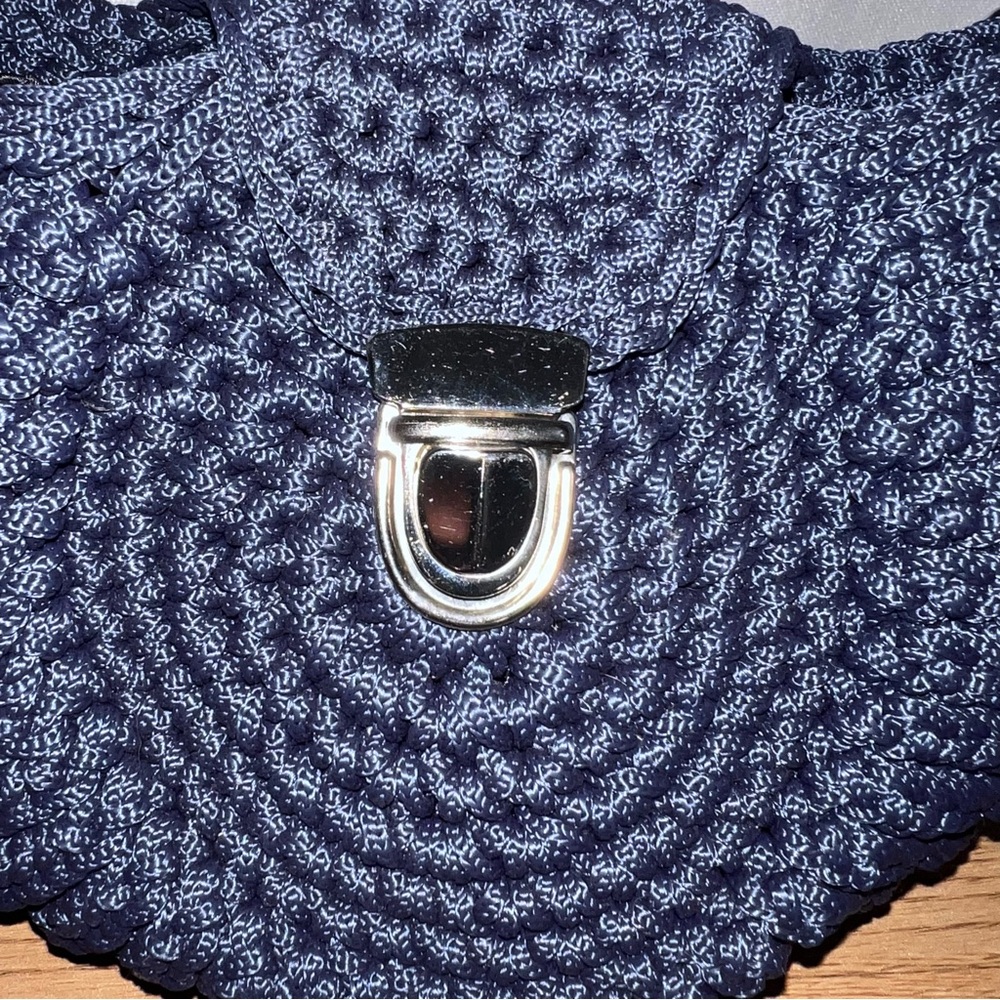 Navy Blue Crochet Oreo Shoulder Bag with Chain Detail - Picture 4 of 8